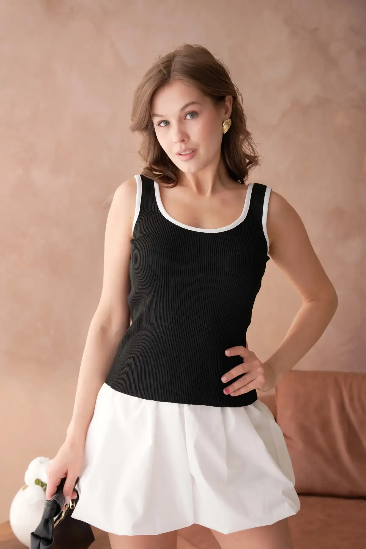 Kadın Asimetrik Yaka Biyeli Selanik Örgü Triko Bluz 12043