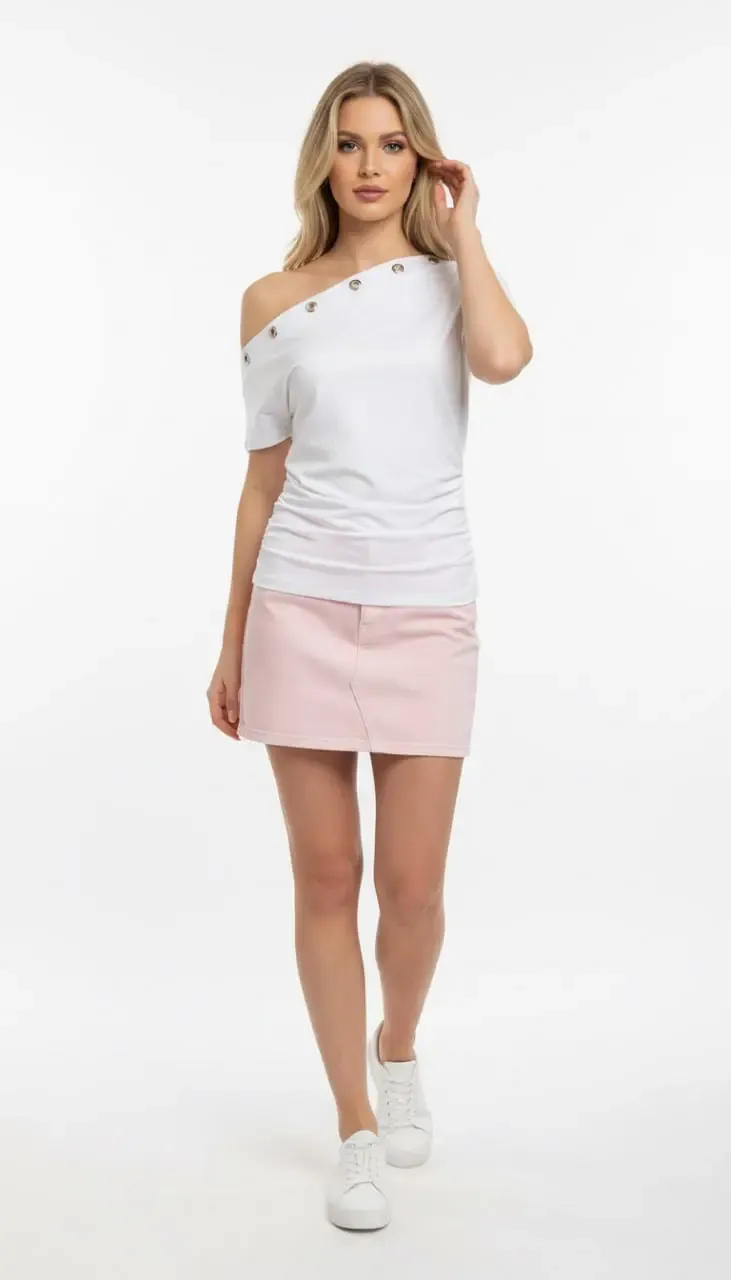 Kadın Asimetrik Yaka Yanları Büzgülü Aksesuar Detay Modal Touch Bluz 26000