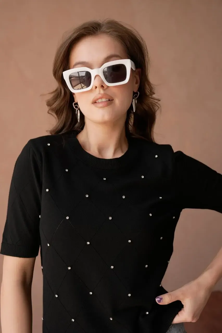 Kadın Bisiklet Yak Aörgü Detay Taş İşlemeli Premium İplik Triko Kazak 12149.Crs