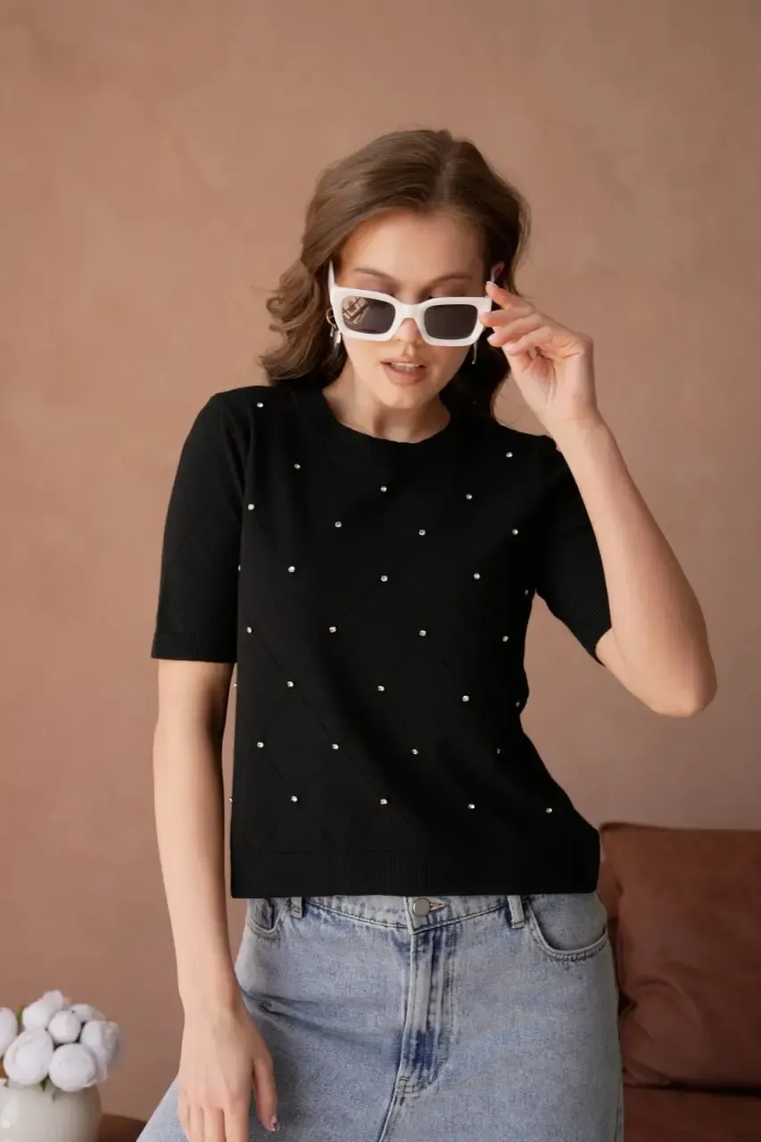 Kadın Bisiklet Yak Aörgü Detay Taş İşlemeli Premium İplik Triko Kazak 12149.Crs