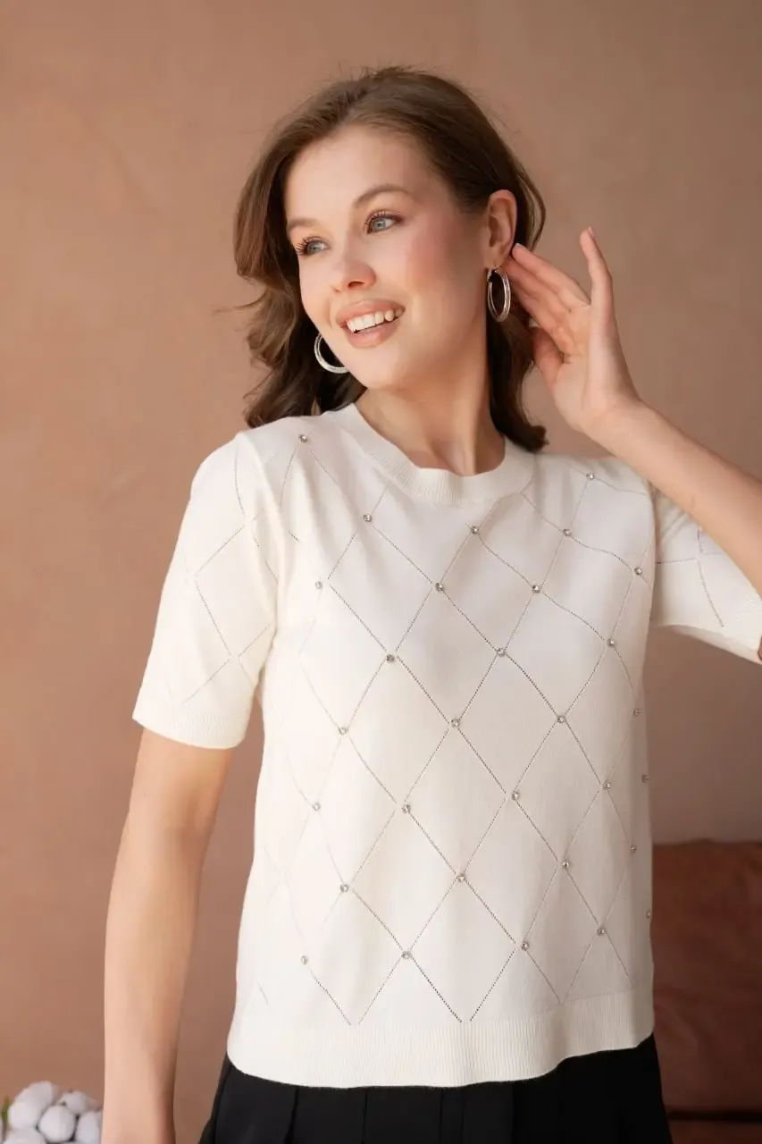 Kadın Bisiklet Yak Aörgü Detay Taş İşlemeli Premium İplik Triko Kazak 12149.Crs