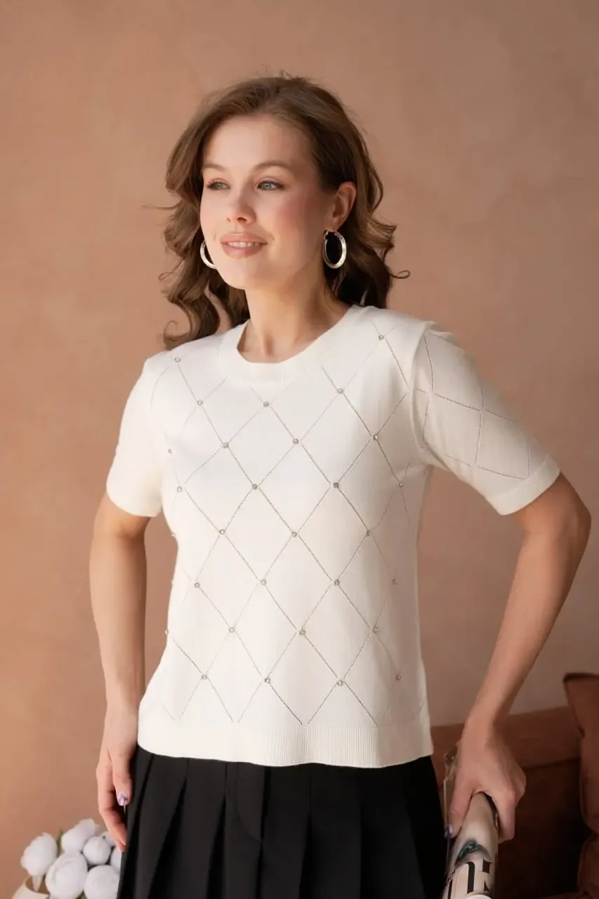 Kadın Bisiklet Yak Aörgü Detay Taş İşlemeli Premium İplik Triko Kazak 12149.Crs