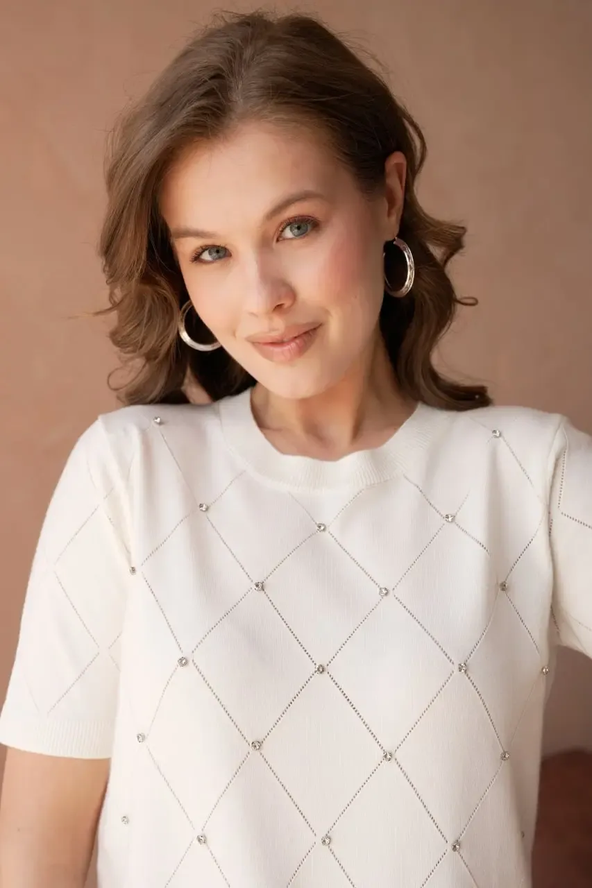 Kadın Bisiklet Yak Aörgü Detay Taş İşlemeli Premium İplik Triko Kazak 12149.Crs