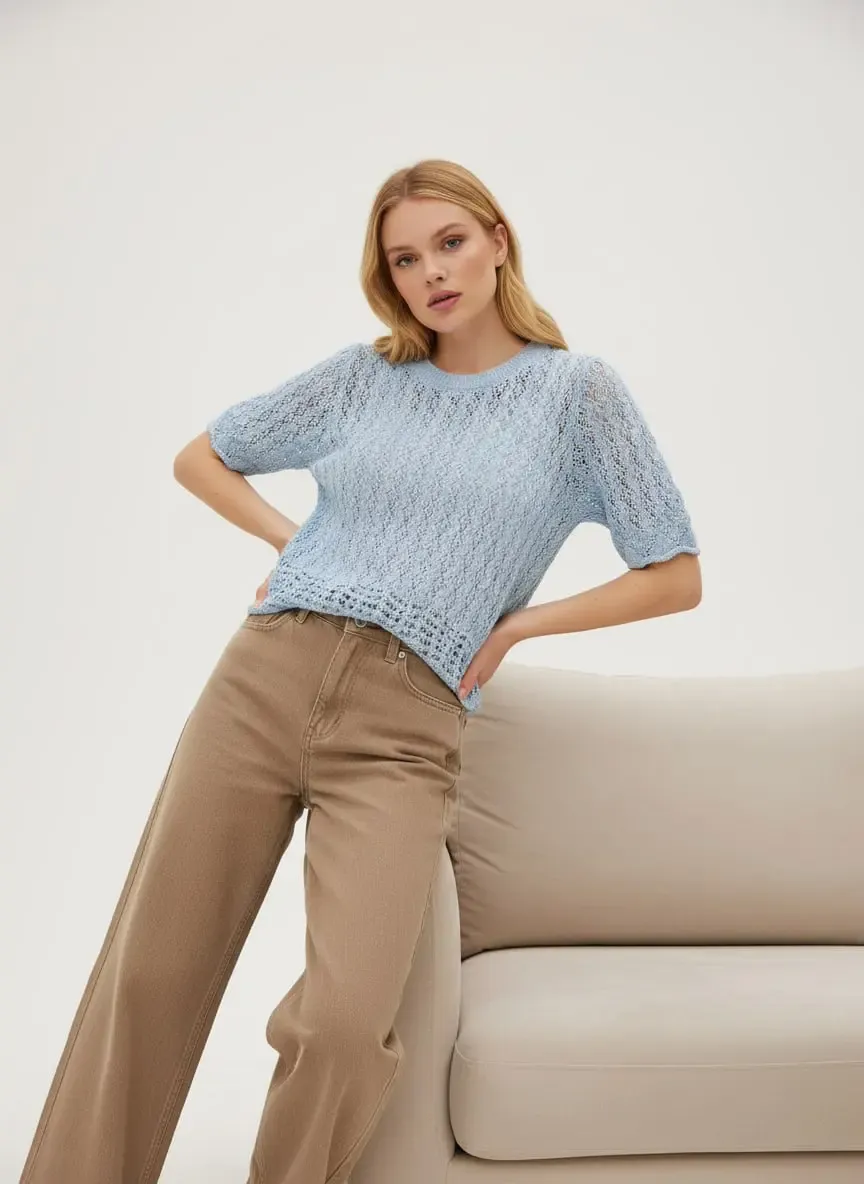 Kadın Bisiklet Yaka Ajurlu Yumuşak Dokulu Triko Kazak 8718Sw