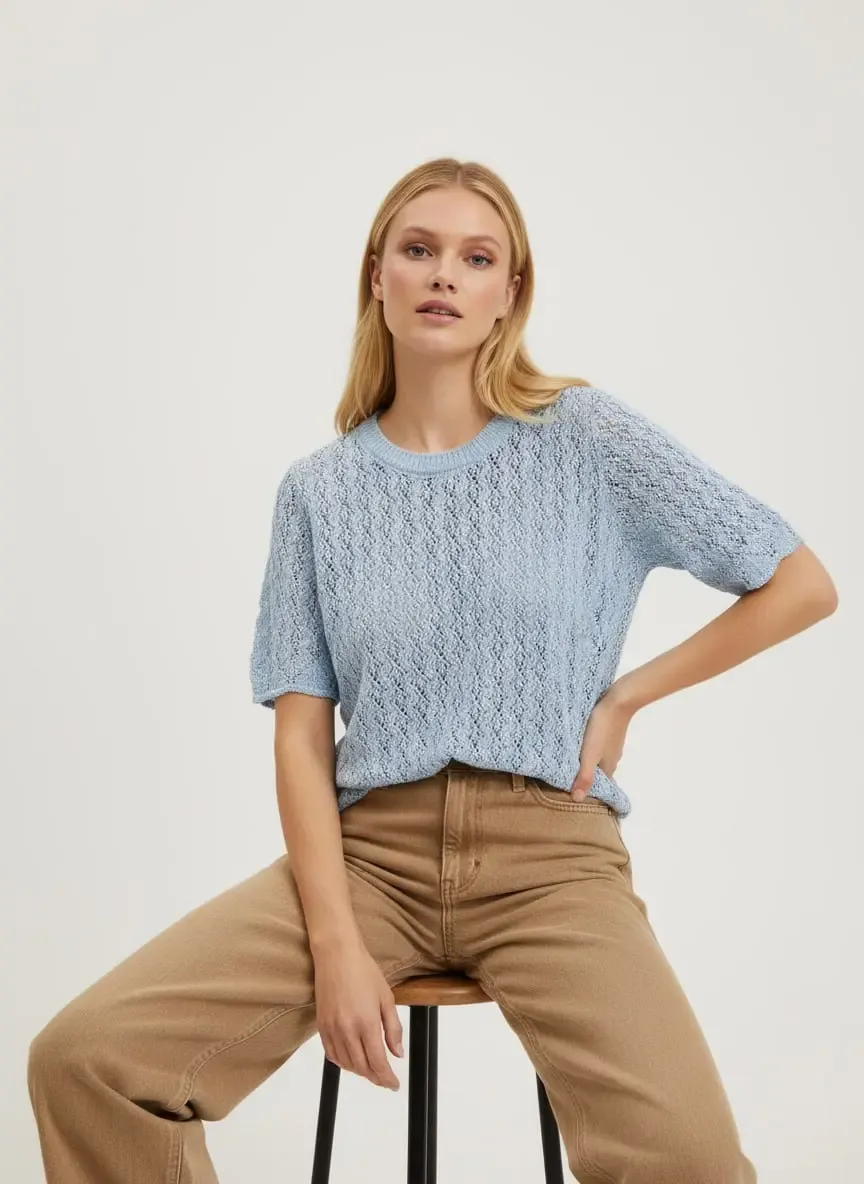 Kadın Bisiklet Yaka Ajurlu Yumuşak Dokulu Triko Kazak 8718Sw