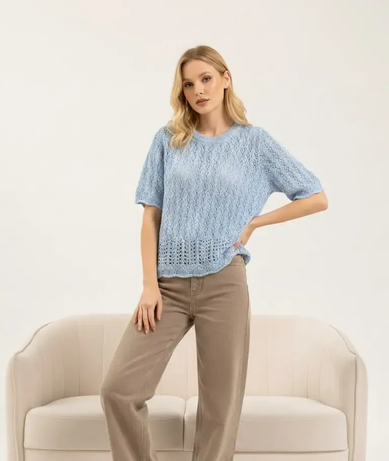 Kadın Bisiklet Yaka Ajurlu Yumuşak Dokulu Triko Kazak 8718Sw