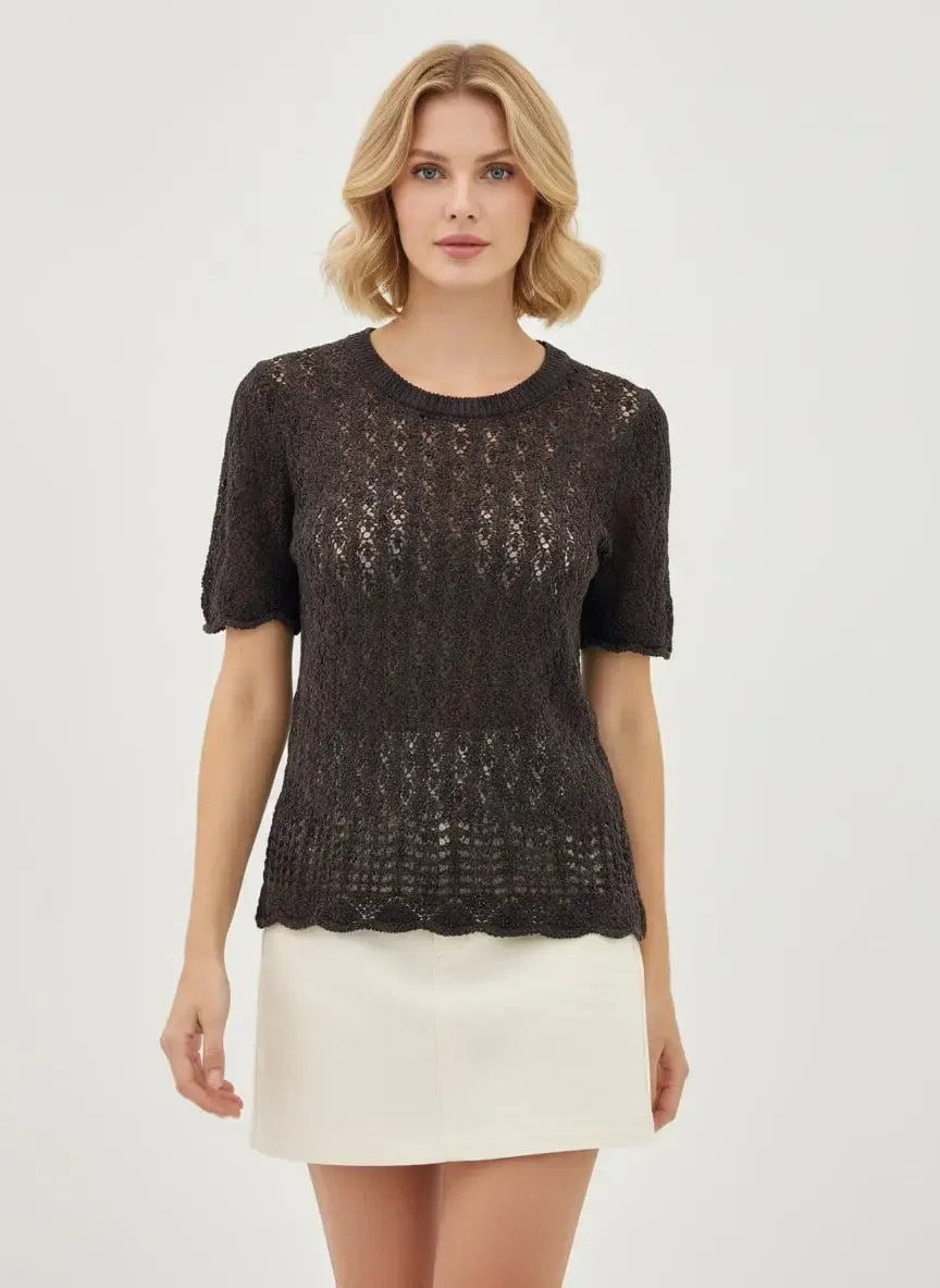 Kadın Bisiklet Yaka Ajurlu Yumuşak Dokulu Triko Kazak 8718Sw