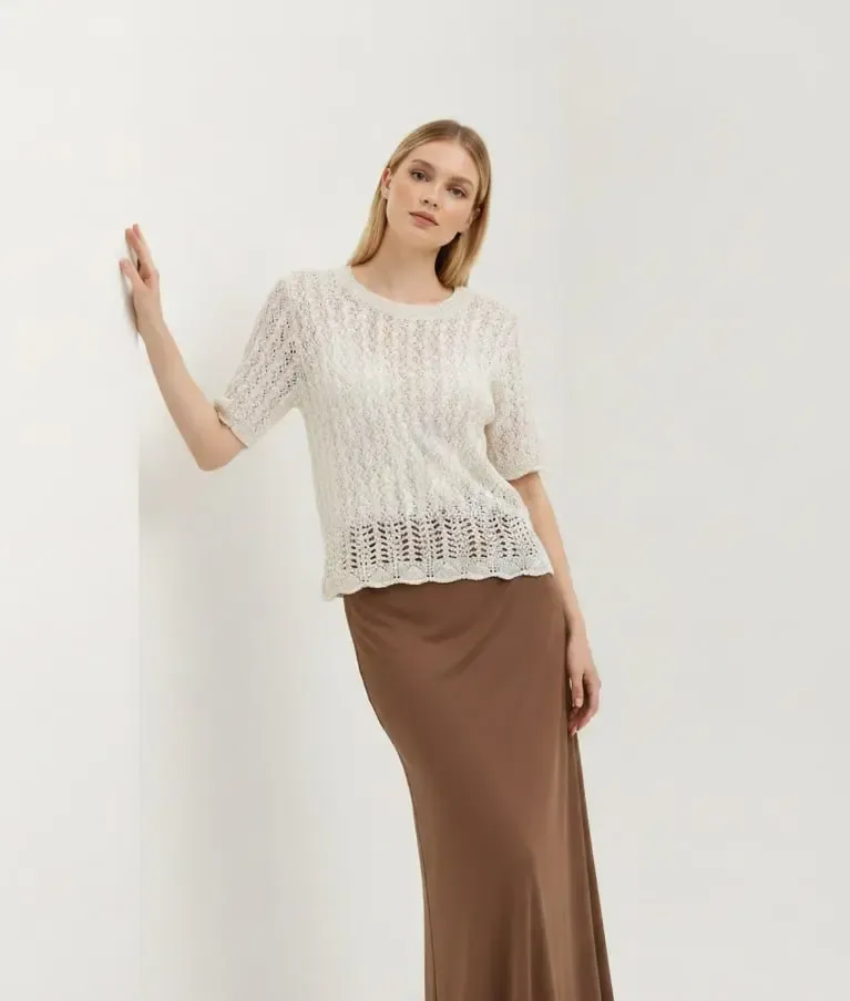 Kadın Bisiklet Yaka Ajurlu Yumuşak Dokulu Triko Kazak 8718Sw