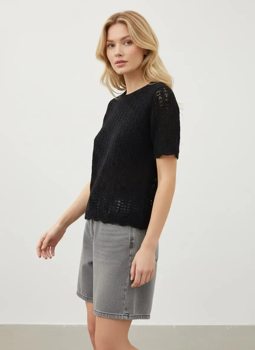 Kadın Bisiklet Yaka Ajurlu Yumuşak Dokulu Triko Kazak 8718Sw