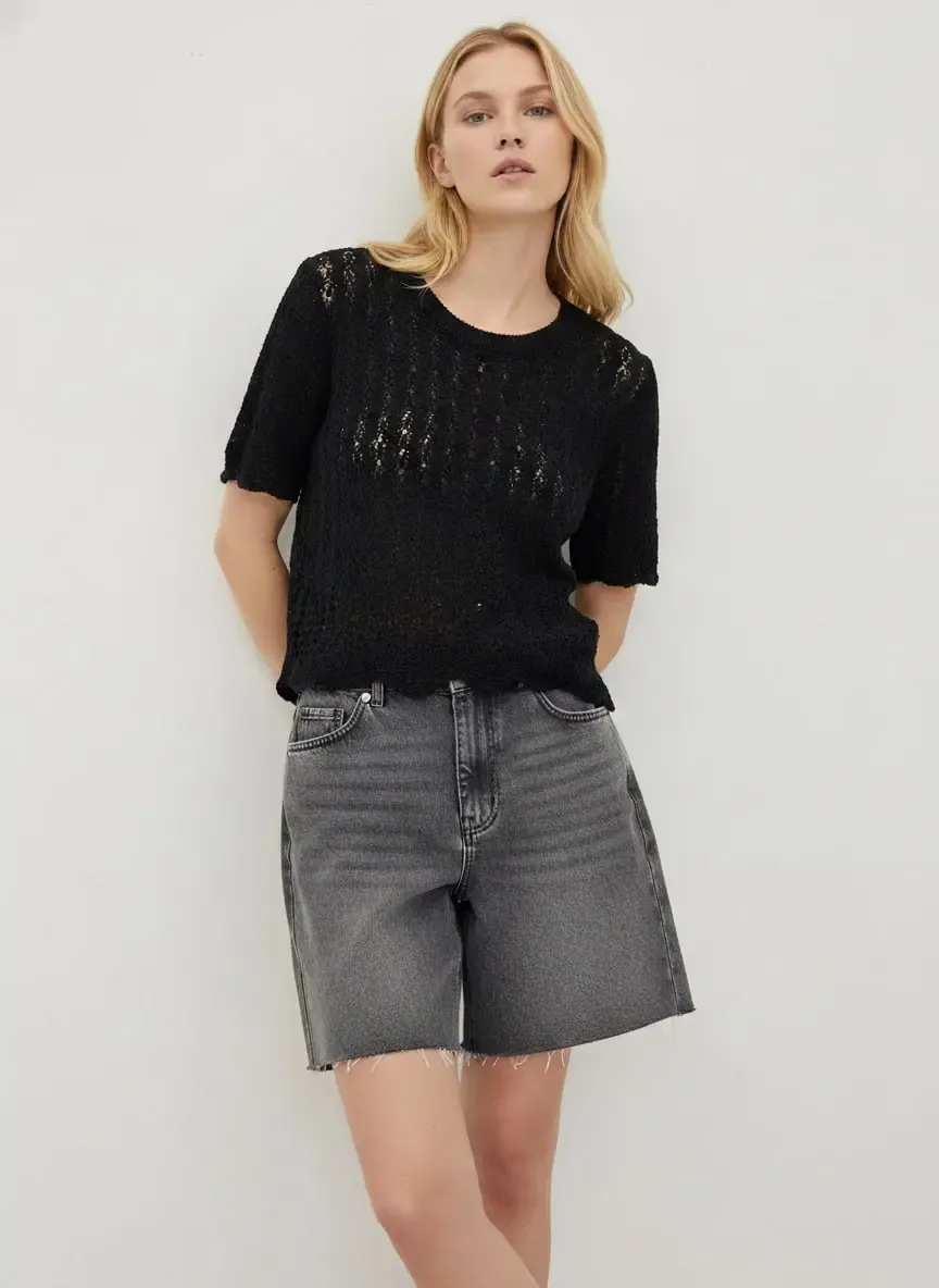 Kadın Bisiklet Yaka Ajurlu Yumuşak Dokulu Triko Kazak 8718Sw