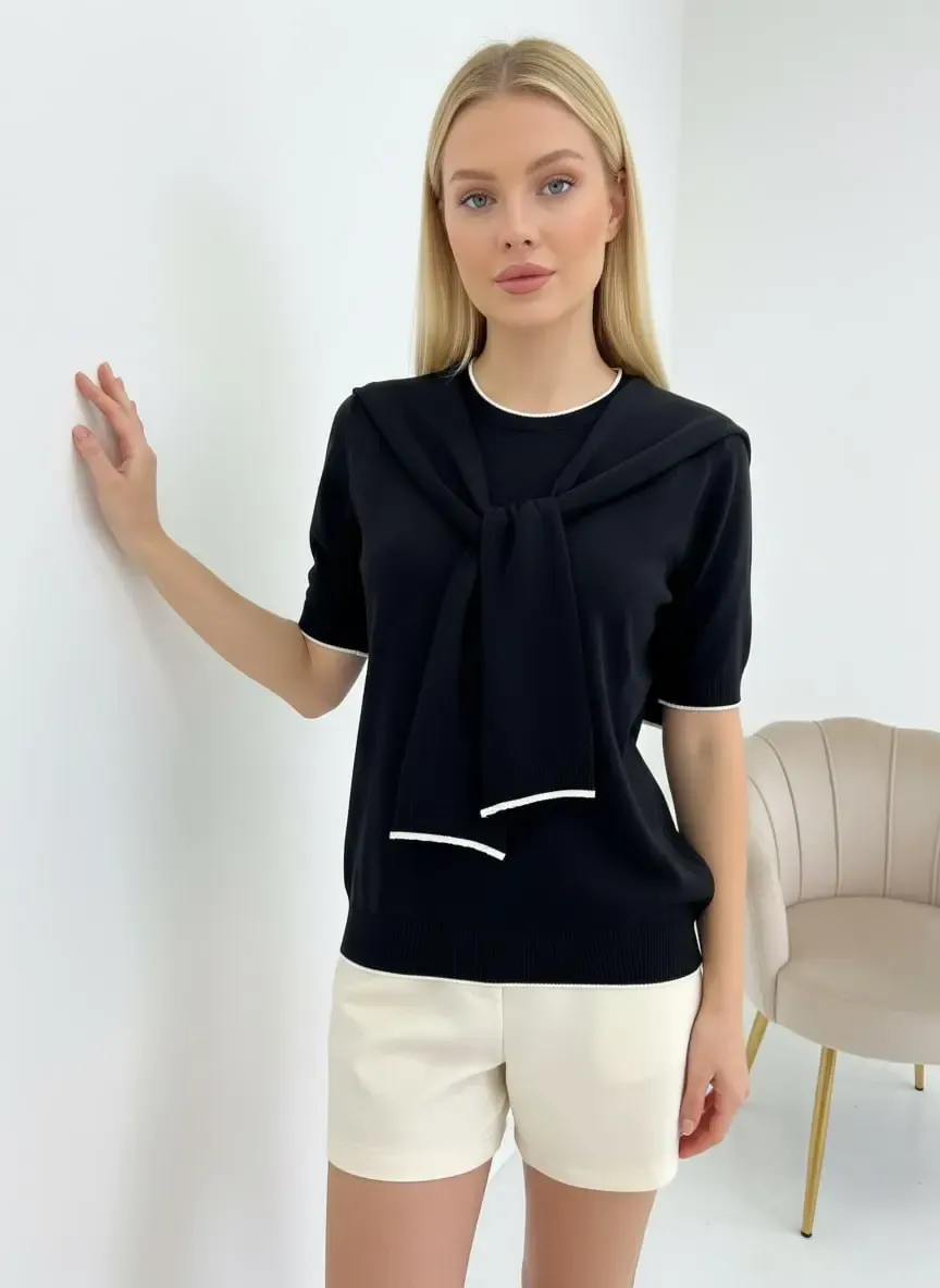 Kadın Bisiklet Yaka Atkılı Viskon Triko Kazak 12474.Vrt