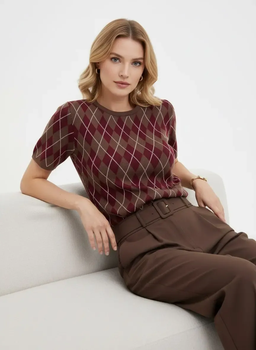 Kadın Bisiklet Yaka Baklava Desen Triko Kazak 12419.Vrt