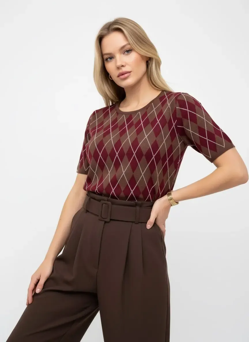 Kadın Bisiklet Yaka Baklava Desen Triko Kazak 12419.Vrt