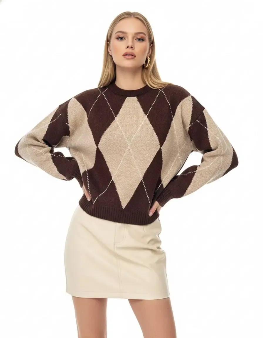 Kadın Bisiklet Yaka Baklava Desenli Triko Kazak 8490Sw