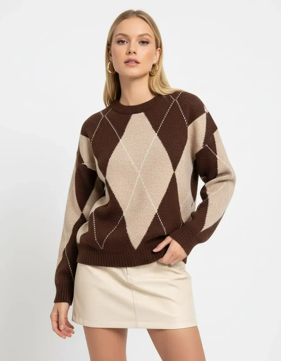 Kadın Bisiklet Yaka Baklava Desenli Triko Kazak 8490Sw