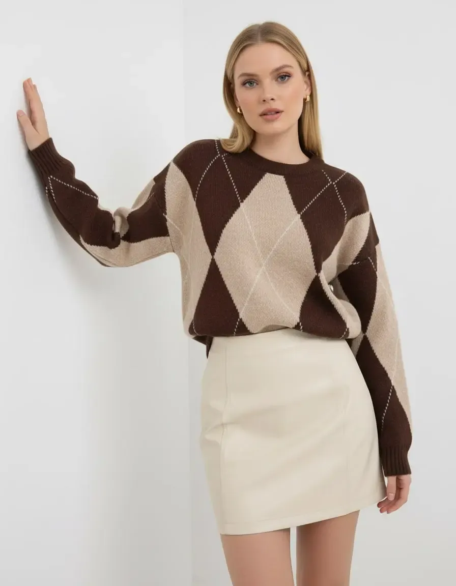 Kadın Bisiklet Yaka Baklava Desenli Triko Kazak 8490Sw