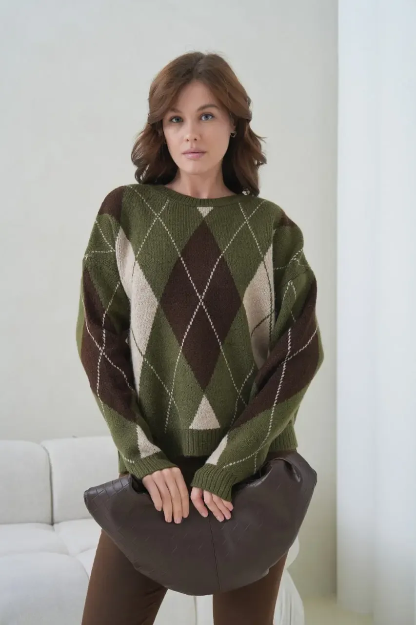 Kadın Bisiklet Yaka Baklava Desenli Triko Kazak 8704Sw