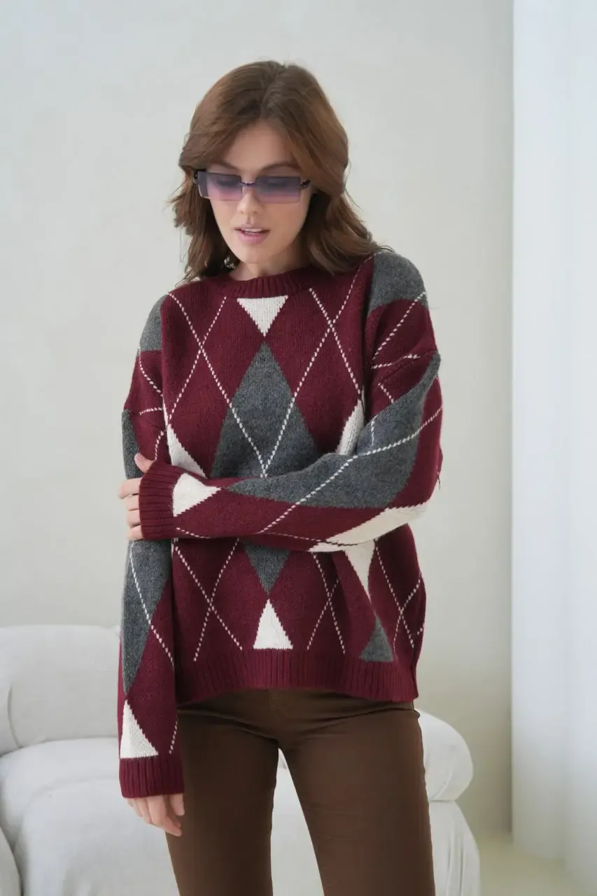 Kadın Bisiklet Yaka Baklava Desenli Triko Kazak 8704Sw