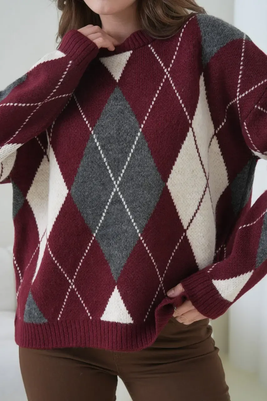 Kadın Bisiklet Yaka Baklava Desenli Triko Kazak 8704Sw