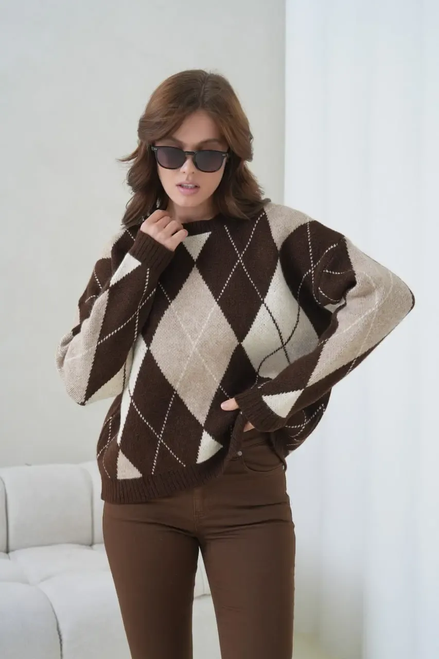 Kadın Bisiklet Yaka Baklava Desenli Triko Kazak 8704Sw