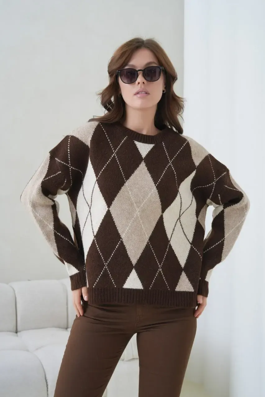 Kadın Bisiklet Yaka Baklava Desenli Triko Kazak 8704Sw