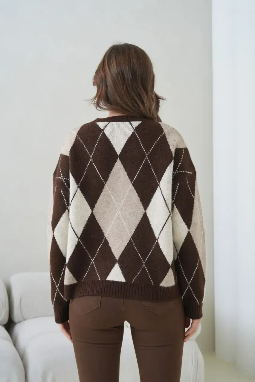 Kadın Bisiklet Yaka Baklava Desenli Triko Kazak 8704Sw