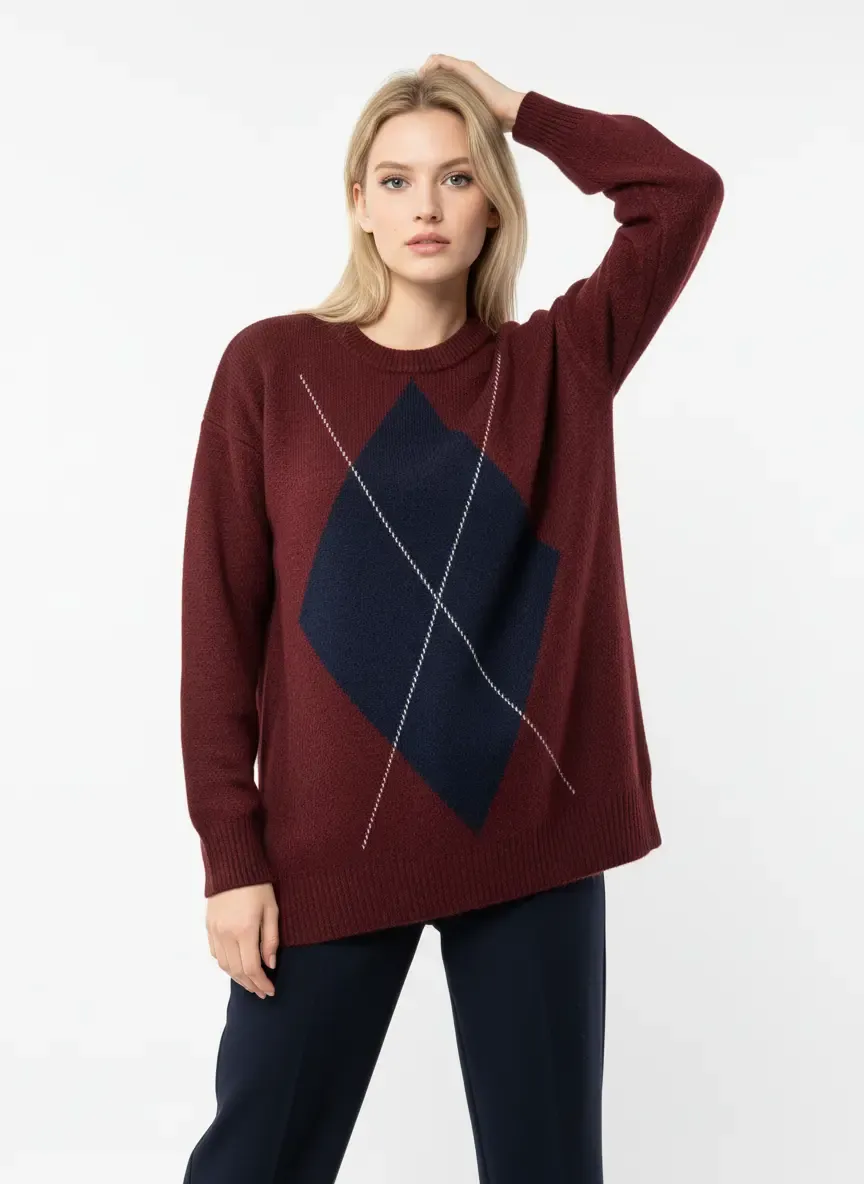 Kadın Bisiklet Yaka Baklava Desenli Triko Kazak 8709