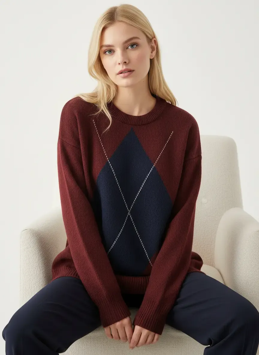 Kadın Bisiklet Yaka Baklava Desenli Triko Kazak 8709