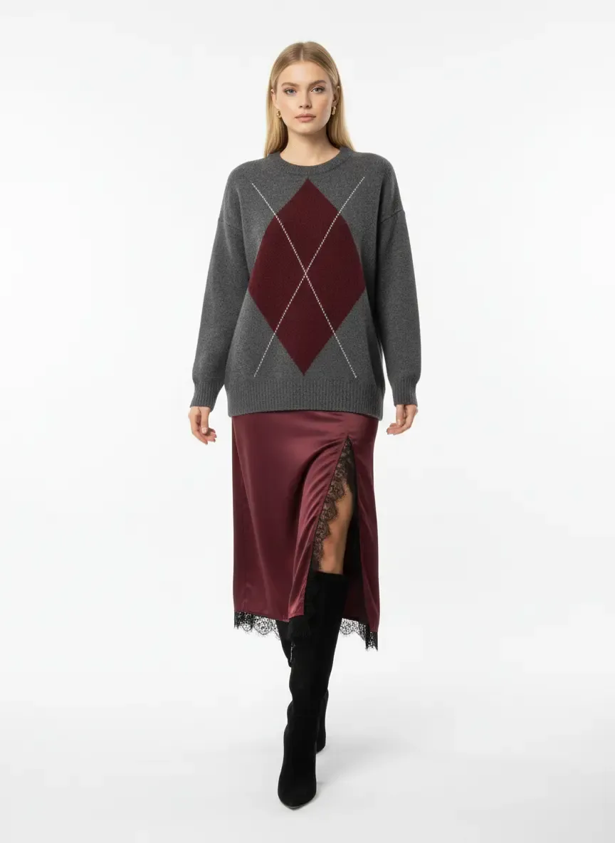 Kadın Bisiklet Yaka Baklava Desenli Triko Kazak 8709