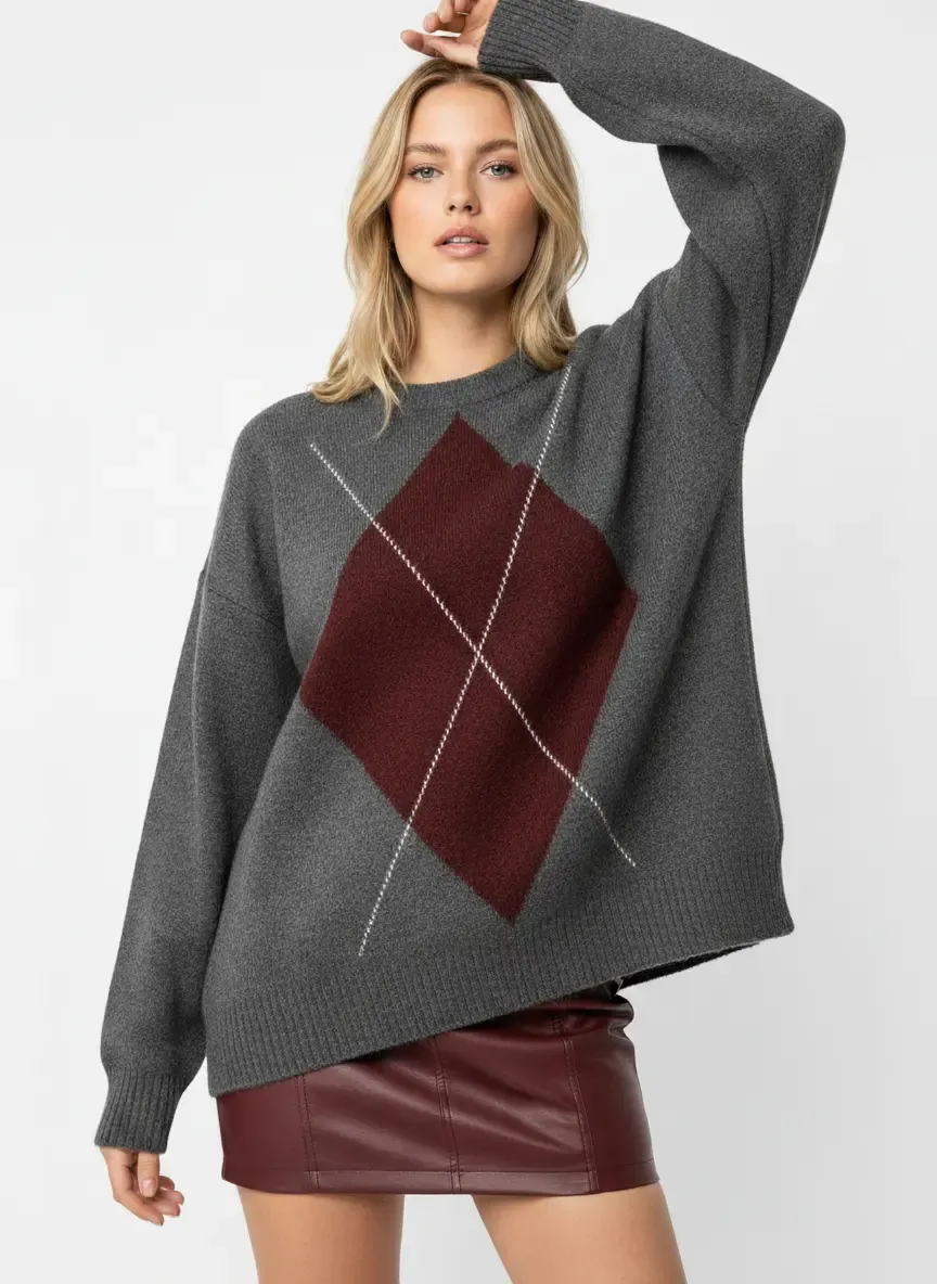 Kadın Bisiklet Yaka Baklava Desenli Triko Kazak 8709