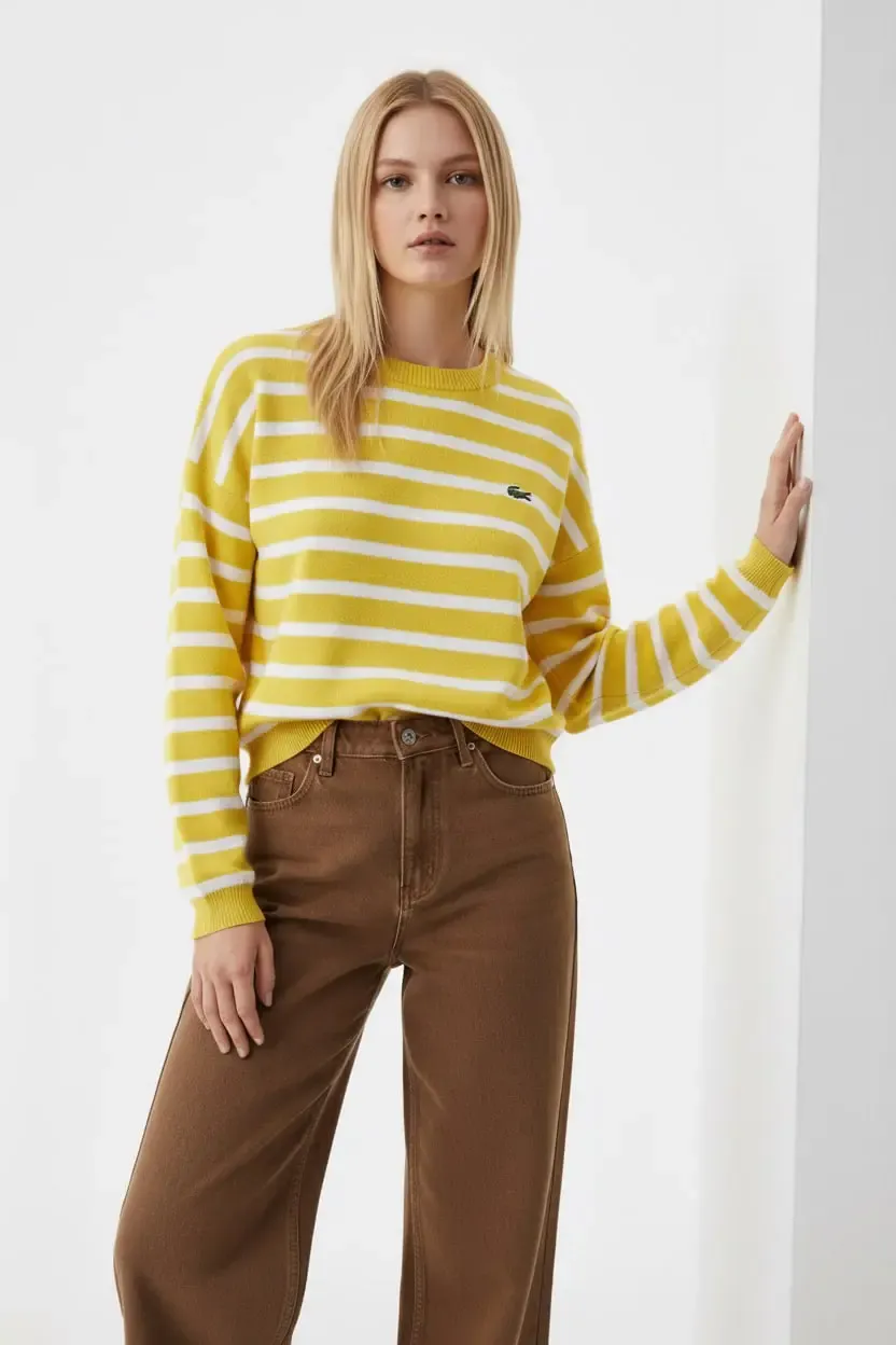 Kadın Bisiklet Yaka Çizgili %100 Cotton Triko Kazak 10273.Ctn