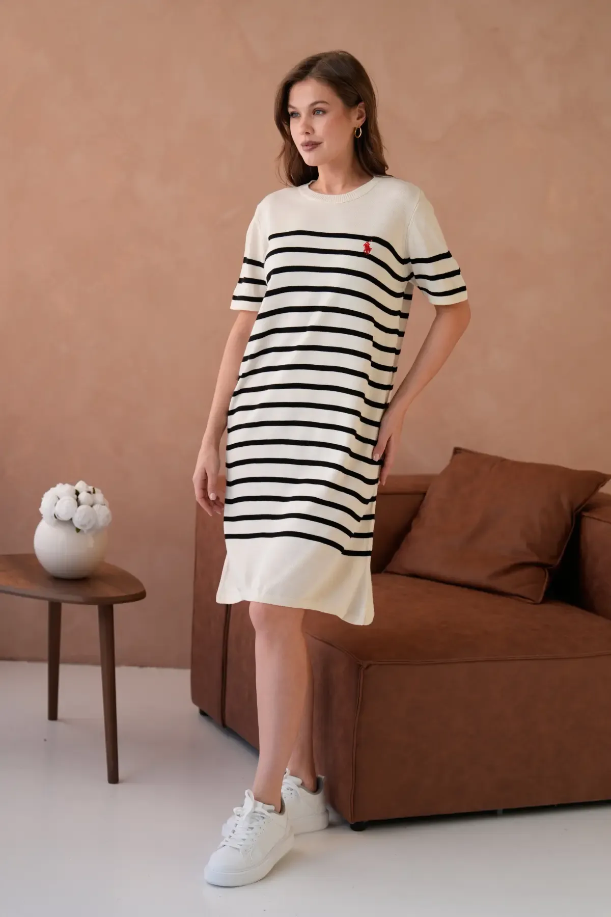 Kadın Bisiklet Yaka Çizgili Maksi Boy Triko Elbise 10029