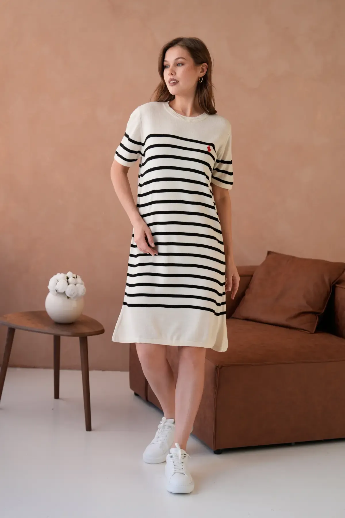 Kadın Bisiklet Yaka Çizgili Maksi Boy Triko Elbise 10029