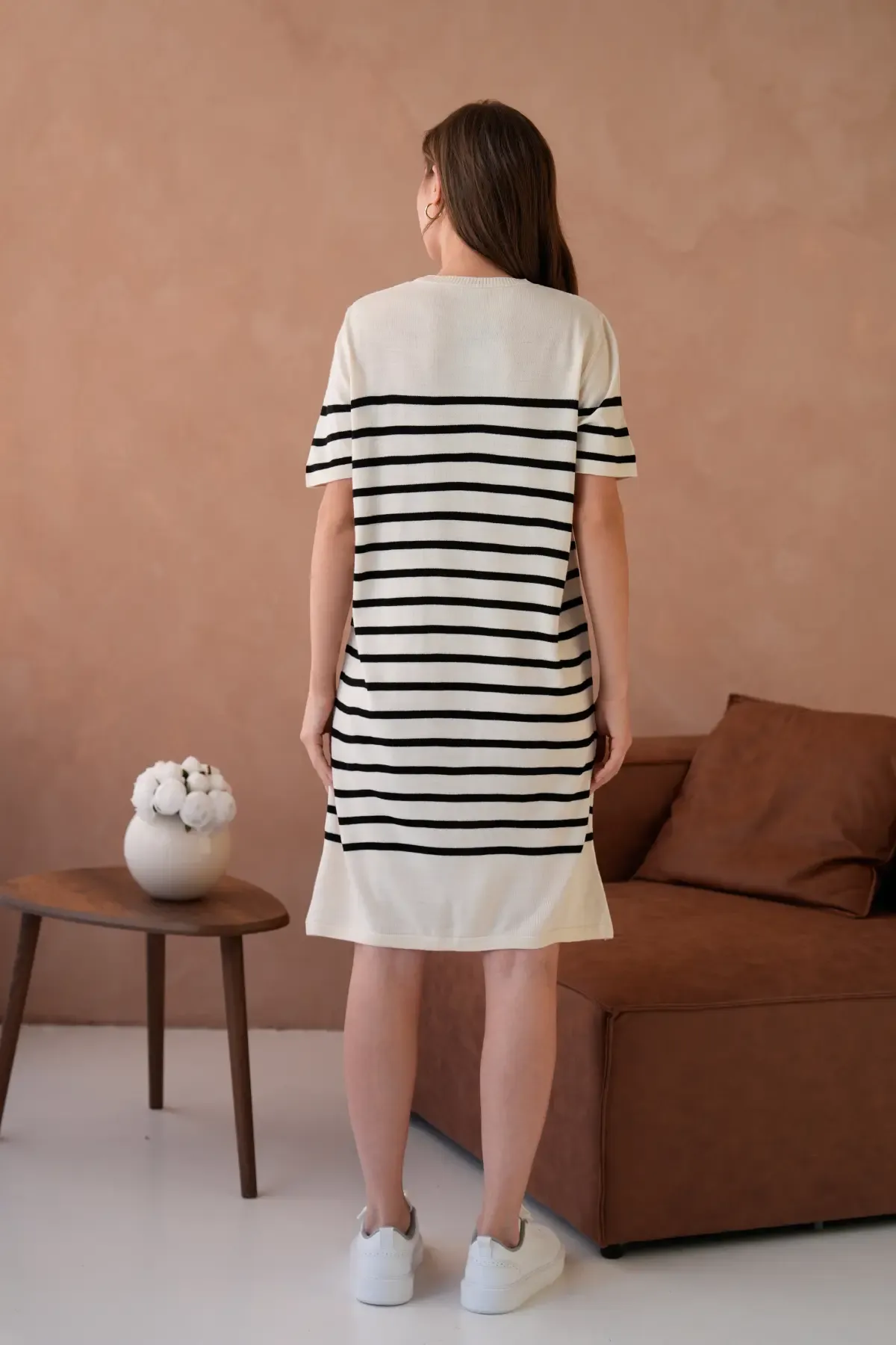 Kadın Bisiklet Yaka Çizgili Maksi Boy Triko Elbise 10029