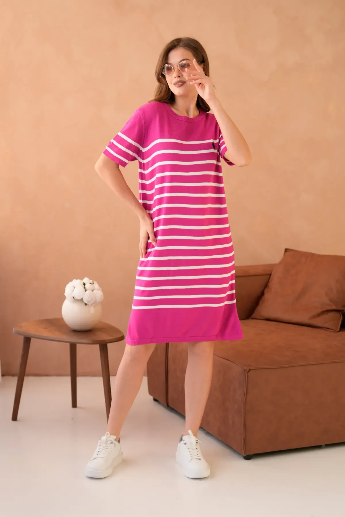 Kadın Bisiklet Yaka Çizgili Maksi Boy Triko Elbise 10029