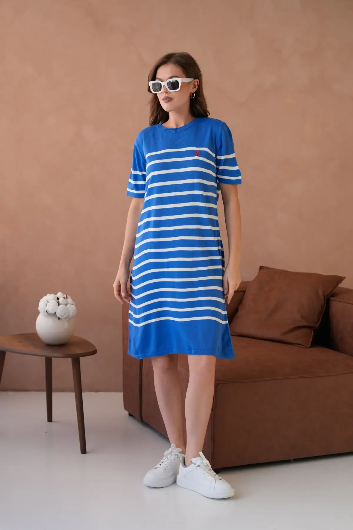 Kadın Bisiklet Yaka Çizgili Maksi Boy Triko Elbise 10029