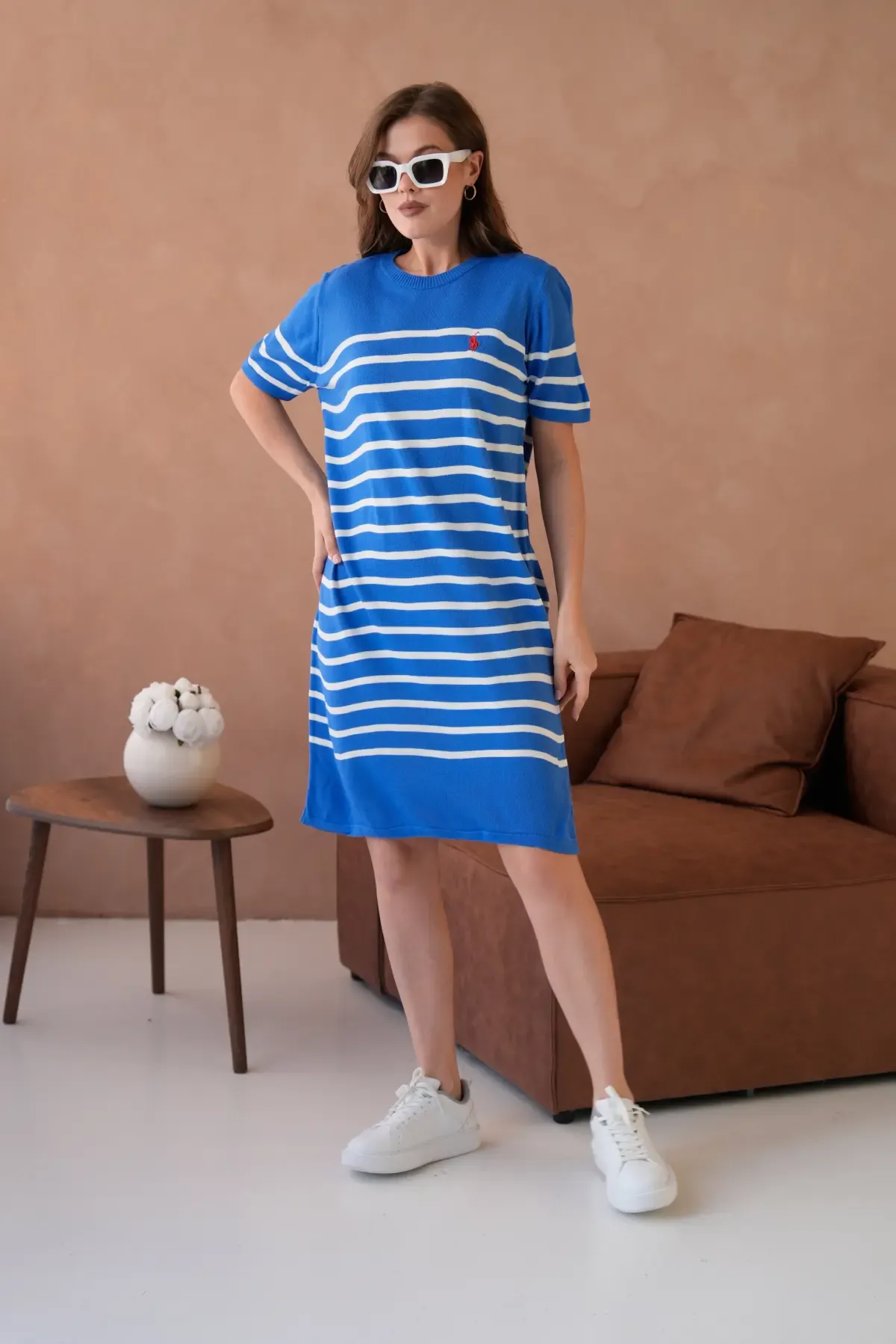 Kadın Bisiklet Yaka Çizgili Maksi Boy Triko Elbise 10029