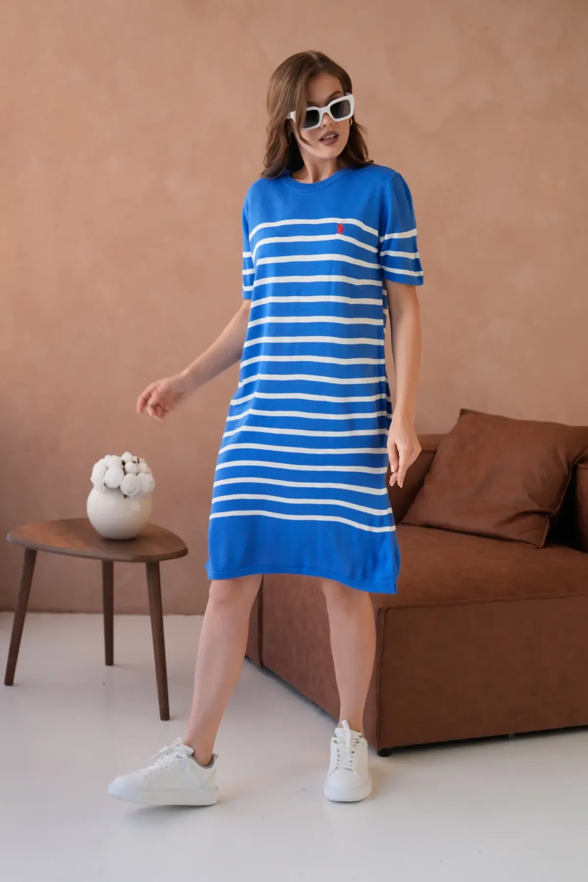 Kadın Bisiklet Yaka Çizgili Maksi Boy Triko Elbise 10029