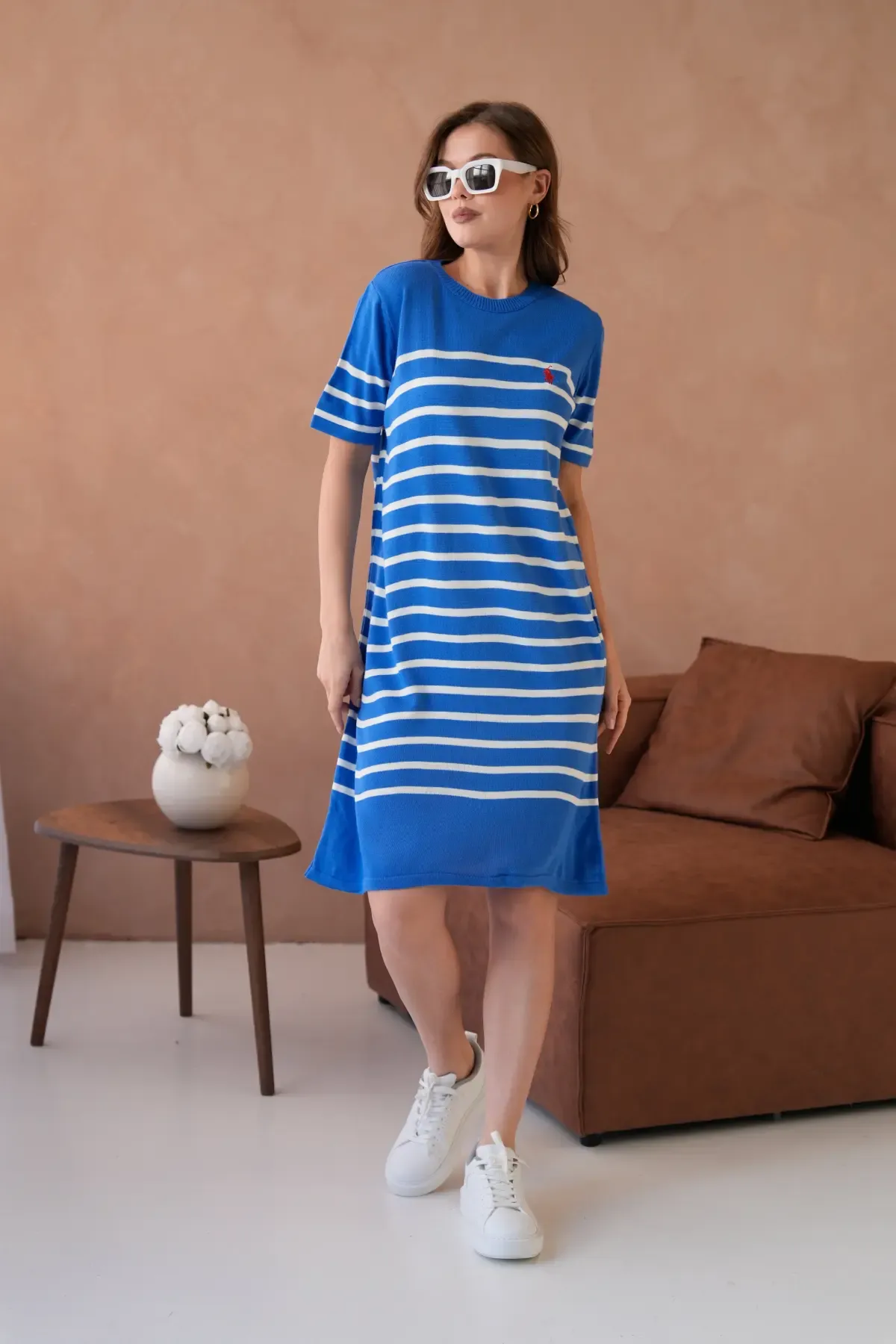 Kadın Bisiklet Yaka Çizgili Maksi Boy Triko Elbise 10029