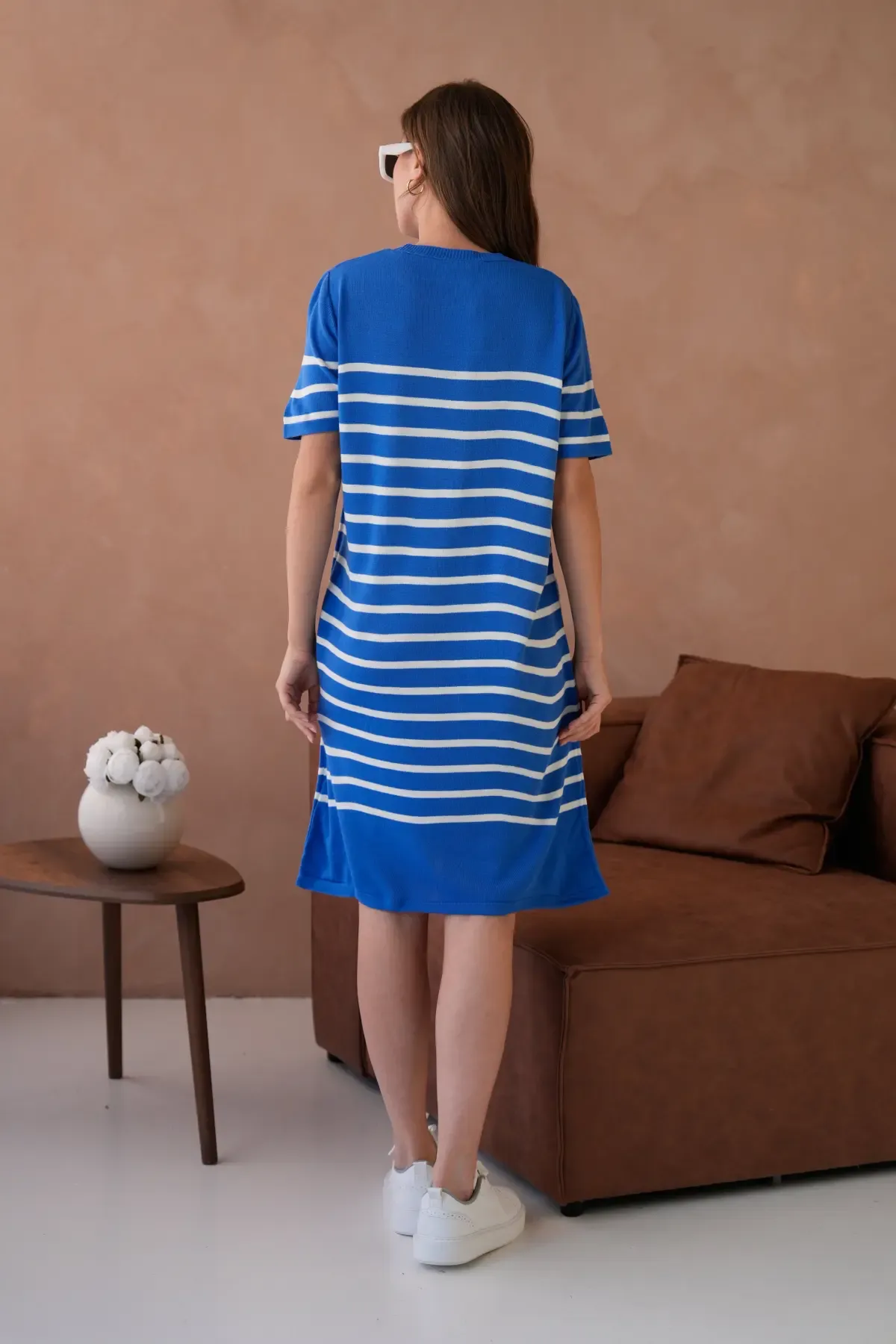 Kadın Bisiklet Yaka Çizgili Maksi Boy Triko Elbise 10029