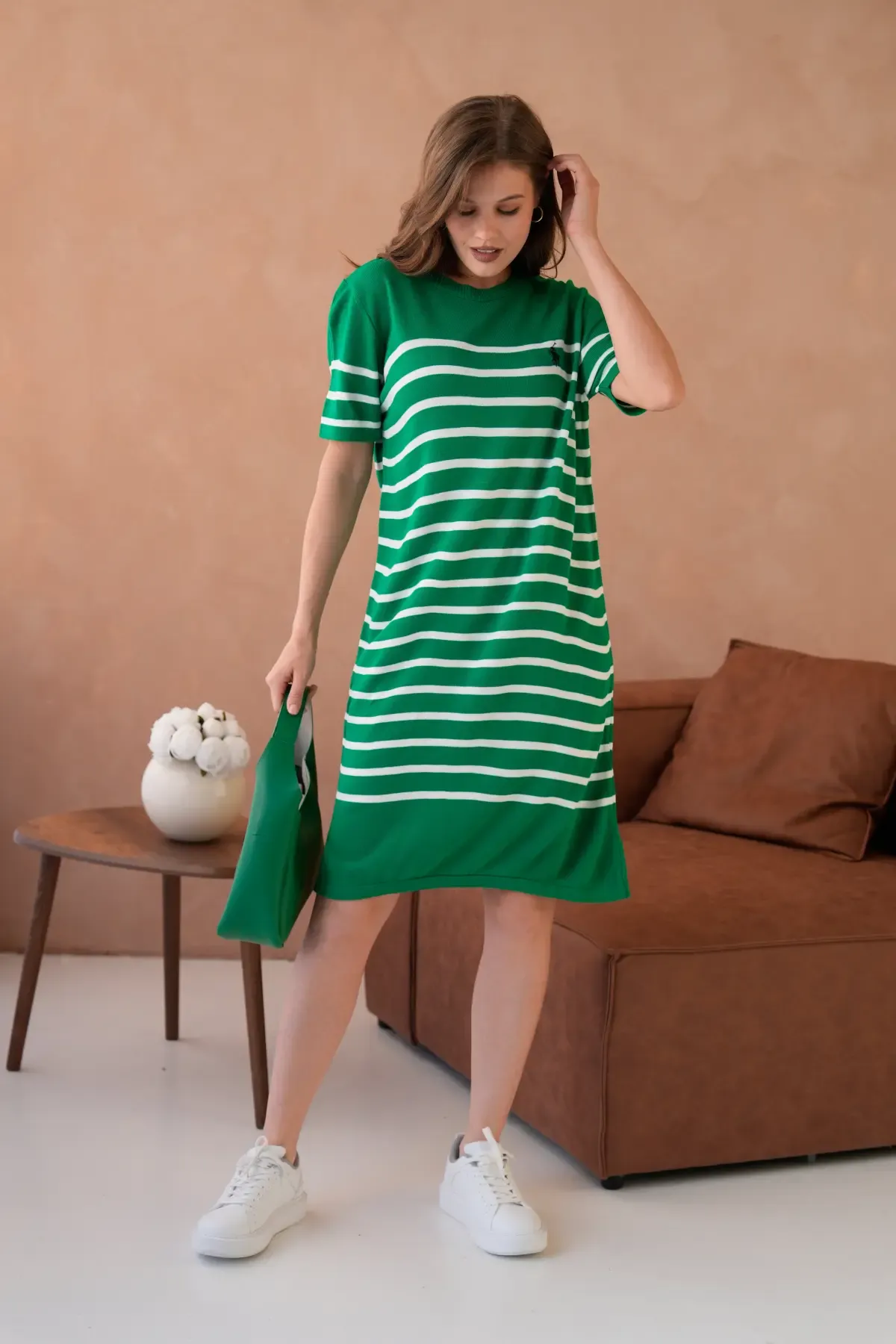 Kadın Bisiklet Yaka Çizgili Maksi Boy Triko Elbise 10029