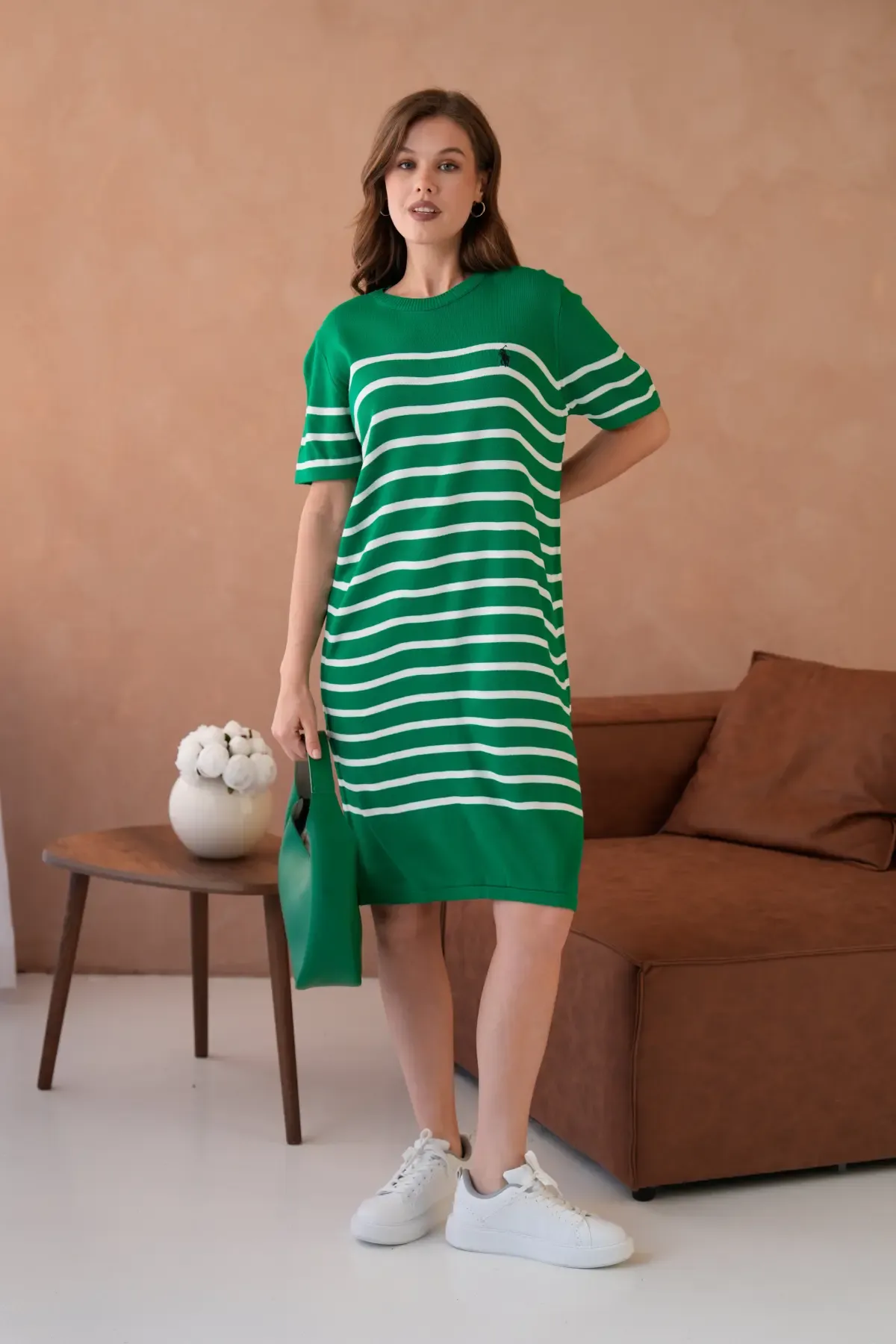 Kadın Bisiklet Yaka Çizgili Maksi Boy Triko Elbise 10029