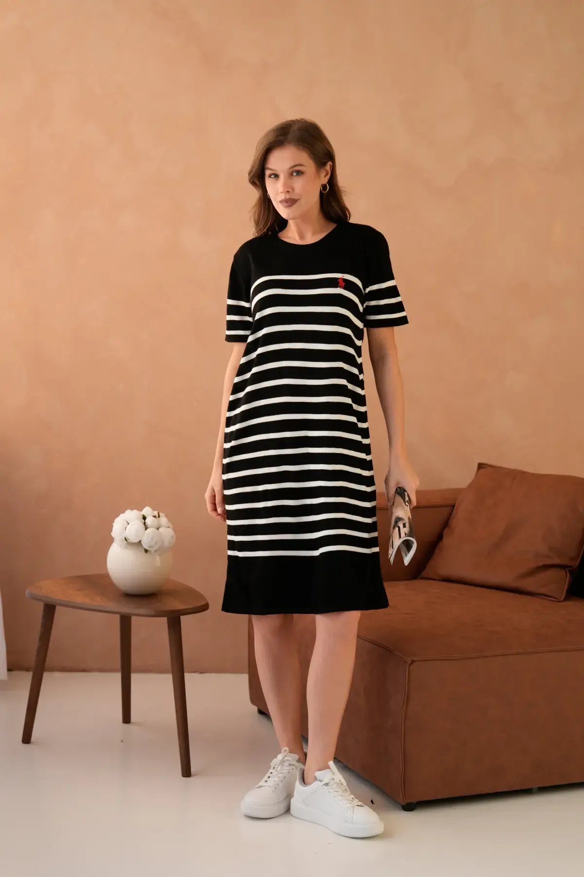 Kadın Bisiklet Yaka Çizgili Maksi Boy Triko Elbise 10029