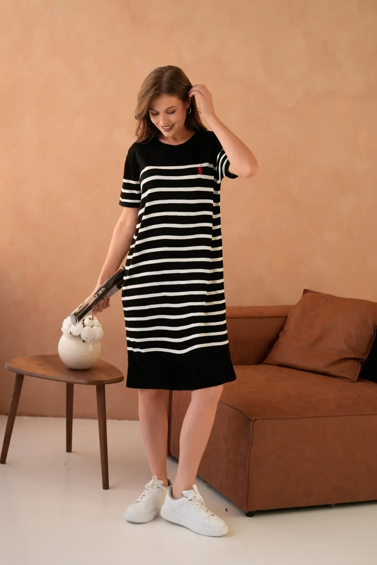 Kadın Bisiklet Yaka Çizgili Maksi Boy Triko Elbise 10029