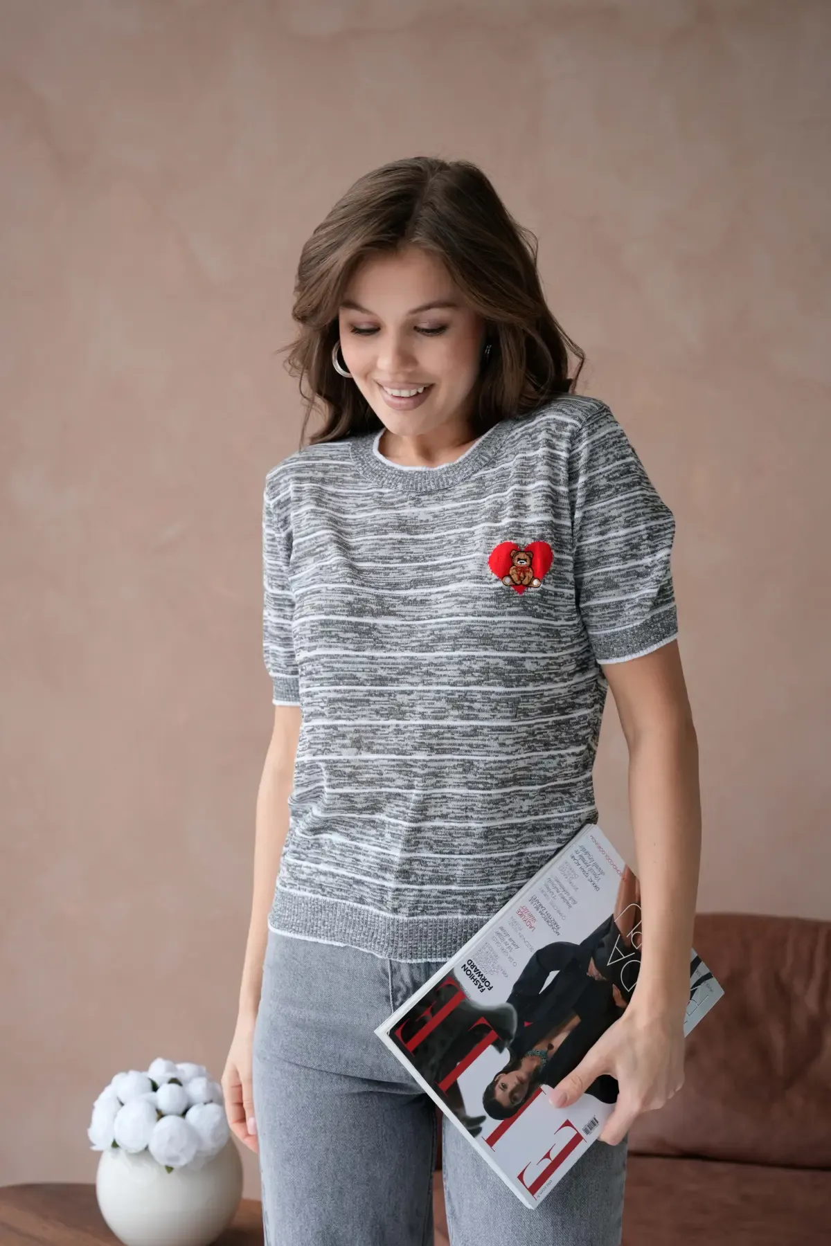 Kadın Bisiklet Yaka Çizgili Melanj Nakışlı Triko Kazak 10227Ctn