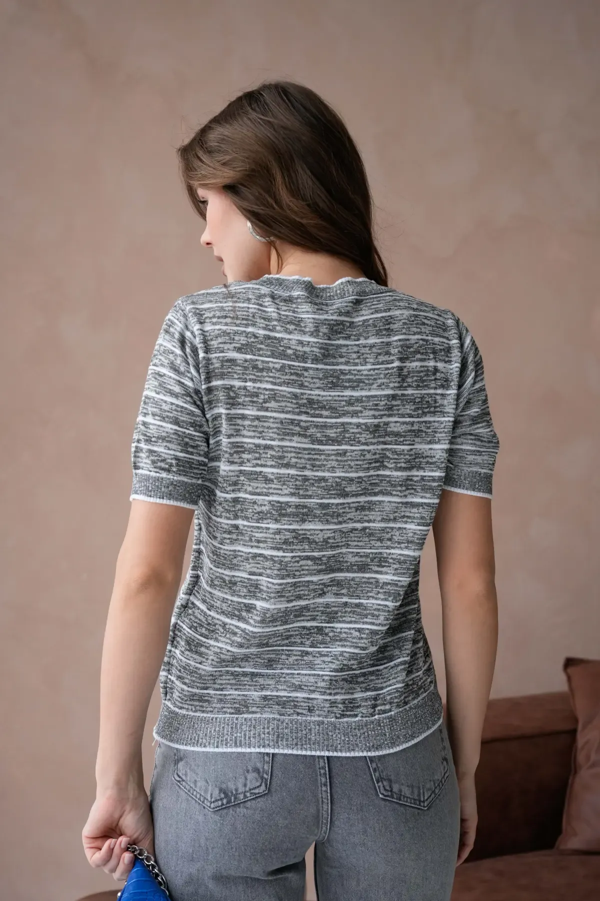 Kadın Bisiklet Yaka Çizgili Melanj Nakışlı Triko Kazak 10227Ctn