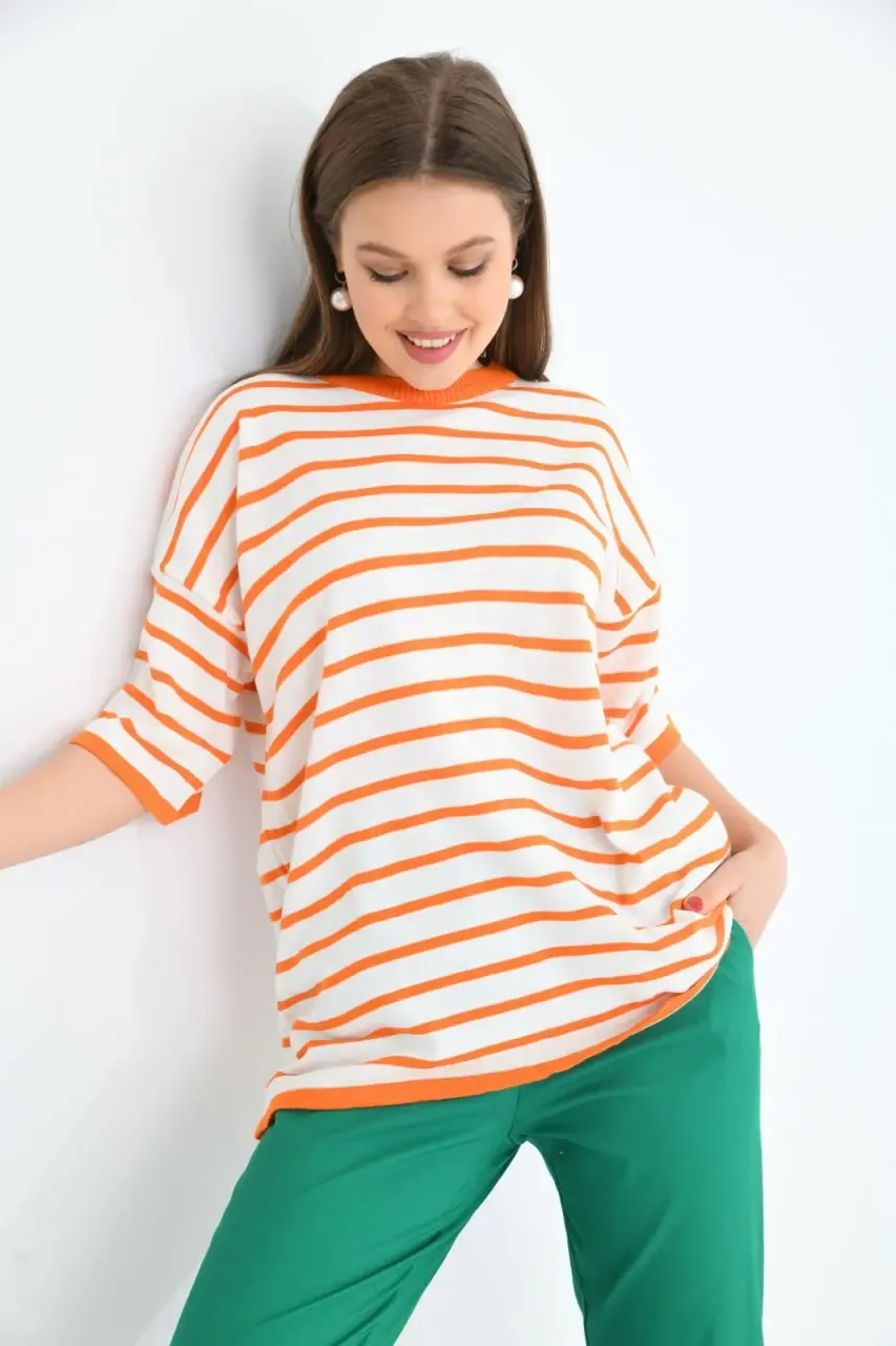 Kadın Bisiklet Yaka Çizgili Oversize Triko Kazak 10002