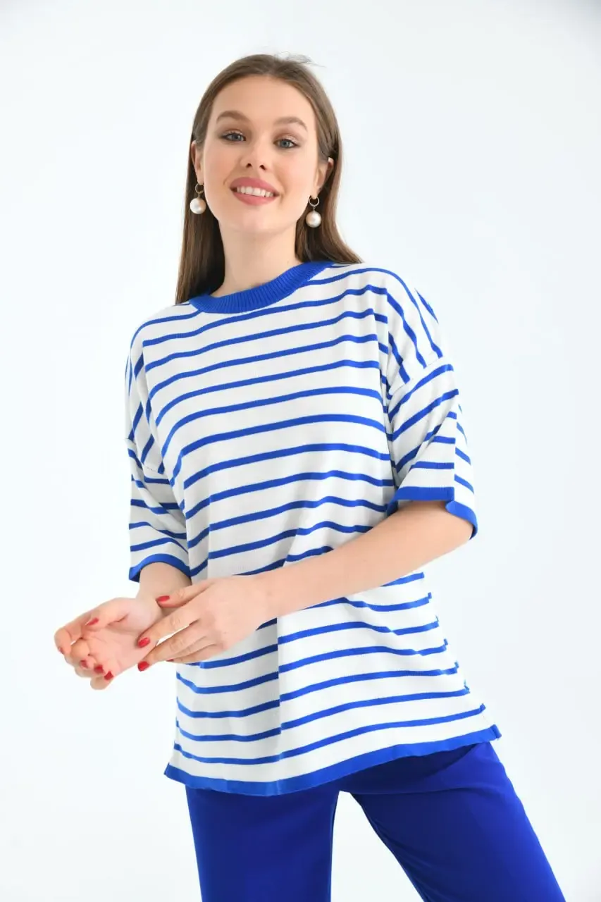 Kadın Bisiklet Yaka Çizgili Oversize Triko Kazak 10002