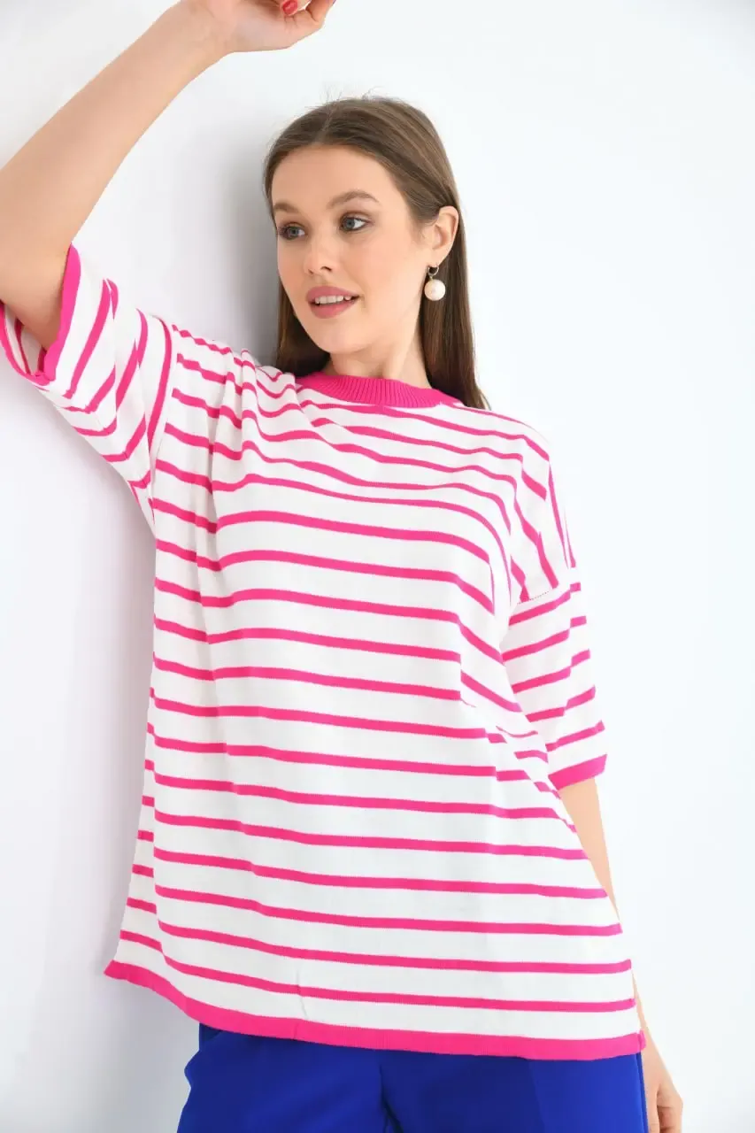 Kadın Bisiklet Yaka Çizgili Oversize Triko Kazak 10002