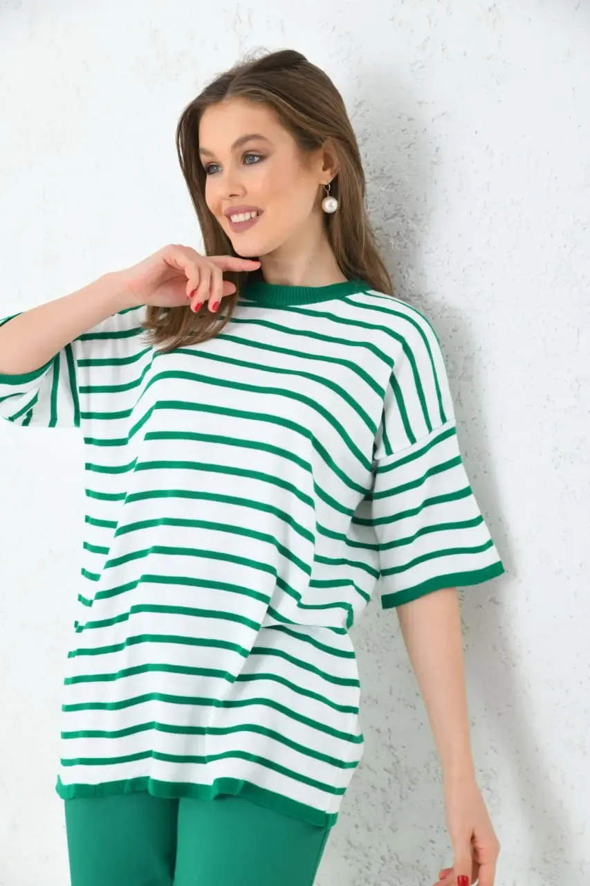 Kadın Bisiklet Yaka Çizgili Oversize Triko Kazak 10002